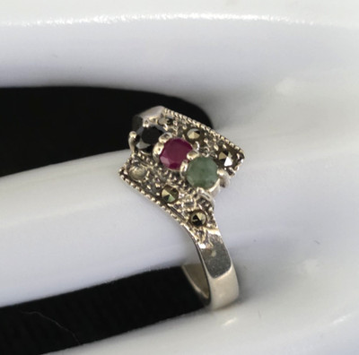 Rubin Saphir Smaragd Ring Markasiten Akzente 925 Sterling Silber Größe 8,75