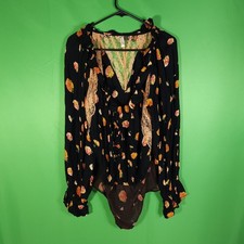 Free People Womans Large Black Floral Bodysuit