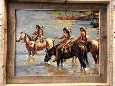 Three Indian Scouts- Oil Painting Signed Framed