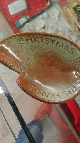 Frankoma Ceramic Pottery Christmas 1959 Ashtray Brown Green Glossy Decorative