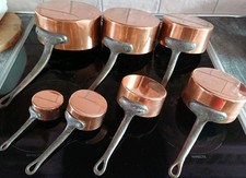 Vintage French Set Of 7 Copper Pans With Riveted  Handles