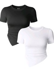 Women's 2 Tops Short Sleeve Crew Neck Ruched Stretch Fitted T-Shirts by OQQ 