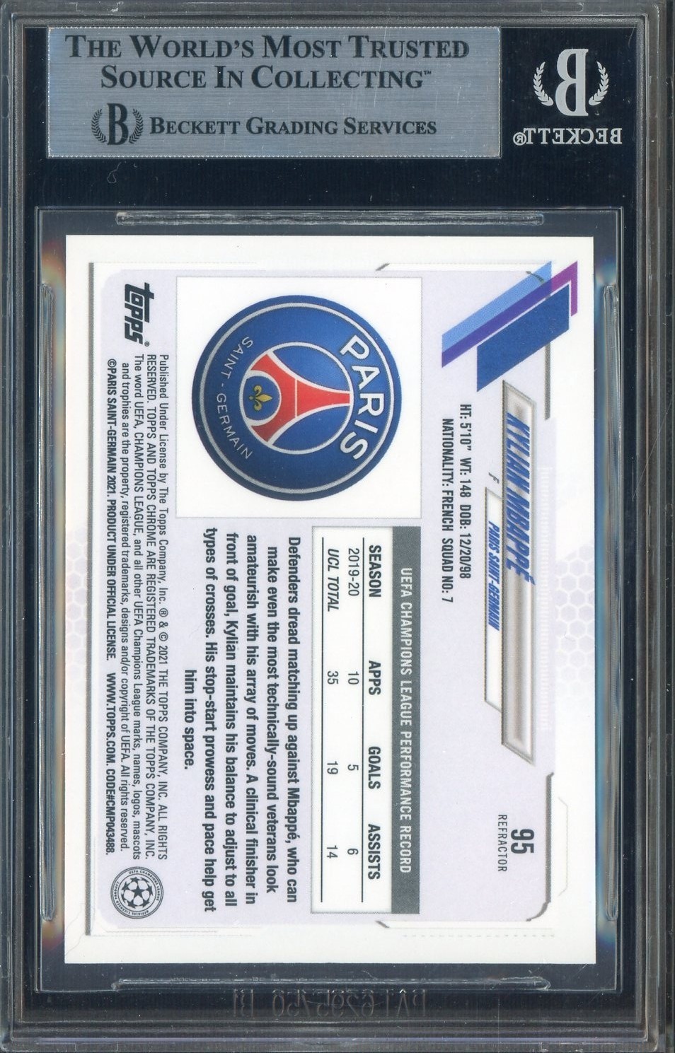 2020-21 Topps Chrome UCL Soccer Refractor #95 Kylian Mbappe BGS 9 MINT view 2