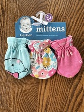 New Gerber 3 Pack Baby Girl No Scratch Mittens Gloves 0-3 Months Flowers Pink Aq
