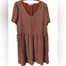 Loft Dress Size 14P Stripes Brown V Neck Fall Puff Sleeves