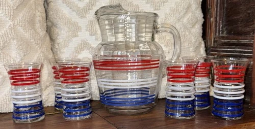 Vintage Anchor Hocking Art Deco Betsy Ross Pitcher w 6 Glasses
