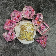 Sage’s Cantrips - Transparent Pink Flowers Resin Polyhedral Dice Set DnD Games