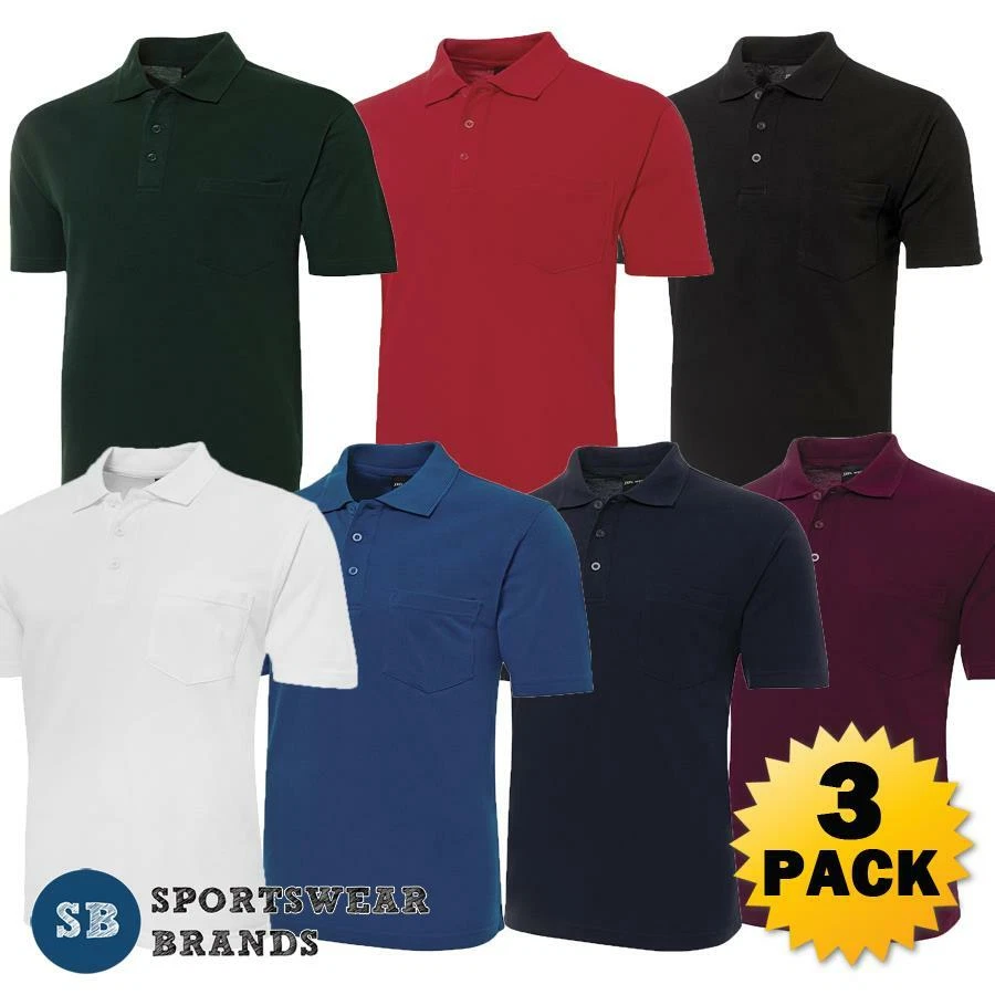 3 x Mens Plain Polo Shirt Pocket Easy Care Casual Top Classic Size 2XS-9XL 210P