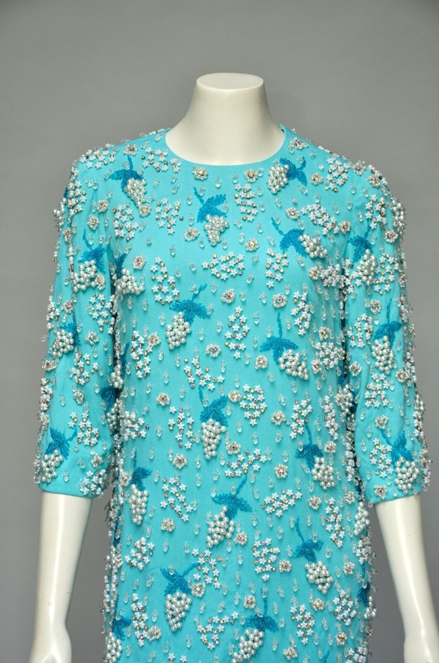 Vintage 1960s HEAVILY Beaded Rhinestone Pearls Blue Mod Shift Party
