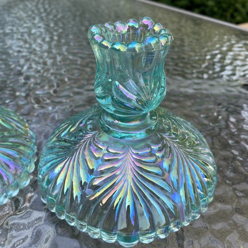Pair Fenton Glass Leaf Iridescent Green Turquoise Candle Holders Candlesticks - Picture 13 of 15