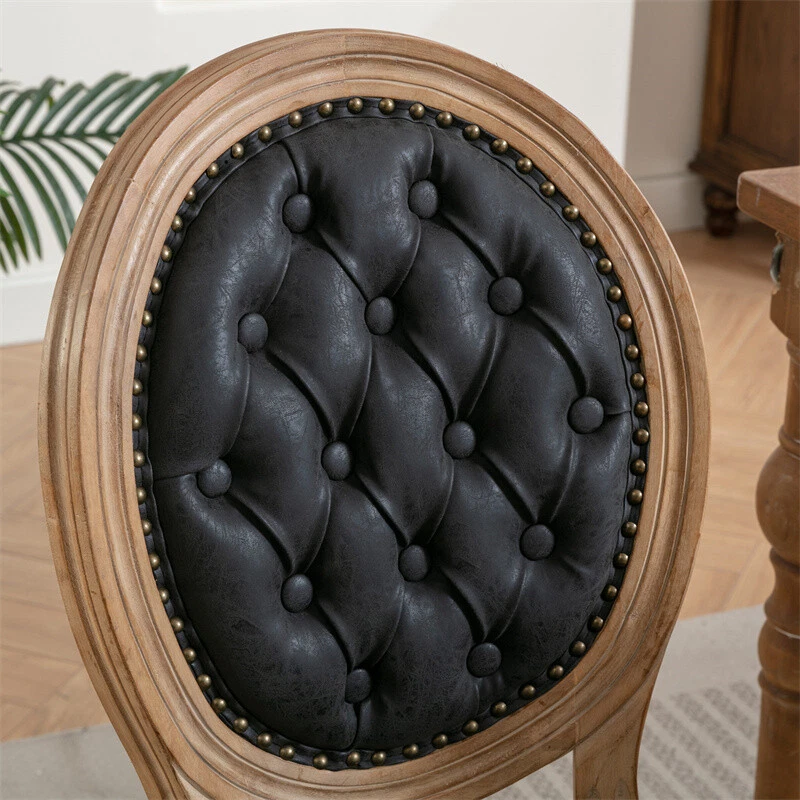 Juego de 2 sillas de comedor tapizadas de cuero PU de madera maciza French Country negras Foto 3 de 4