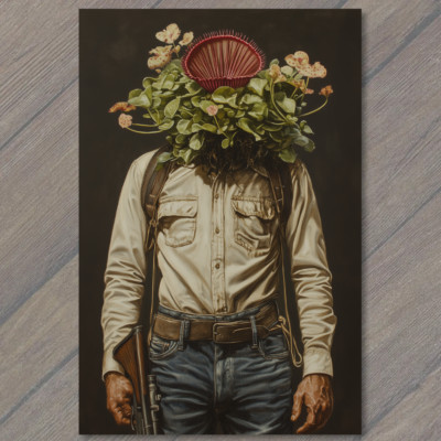 POSTCARD Strange Plant Head Man Suit Venus Flytrap Surreal Terrarium Dark Goth