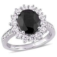 Amour Sterling Silver Oval-Cut Black Sapphire  Created White Sapphire Halo Ring