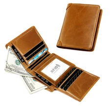 Real Leather Slim Wallets For Men Trifold Mens Wallet W/ ID Window RFID Blocking