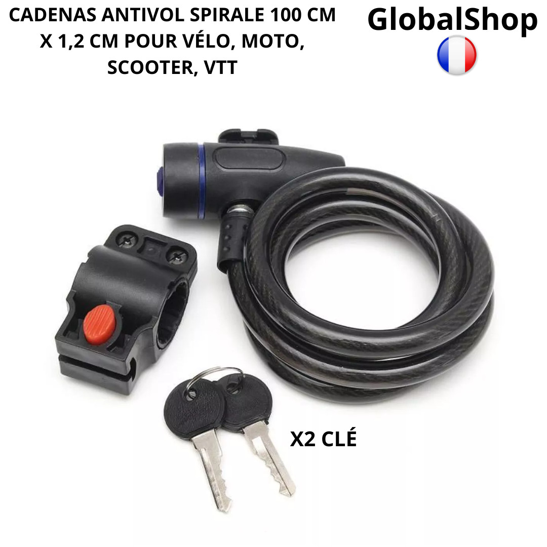 Cadenas antivol spirale 12mm x 100cm en acier pour vélo et scooter noir
