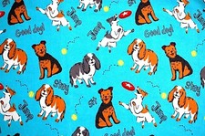 BTY FACE MASKS PLAYFUL PUPS/DOGS ON TURQUOISE 100 COTTON FLANNEL FABRIC 42X36"