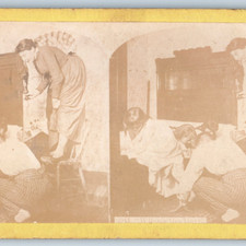 c1880s Mother w/ Miniature Oil Lamp Real Photo Family Scared Rat Stereo Card V14