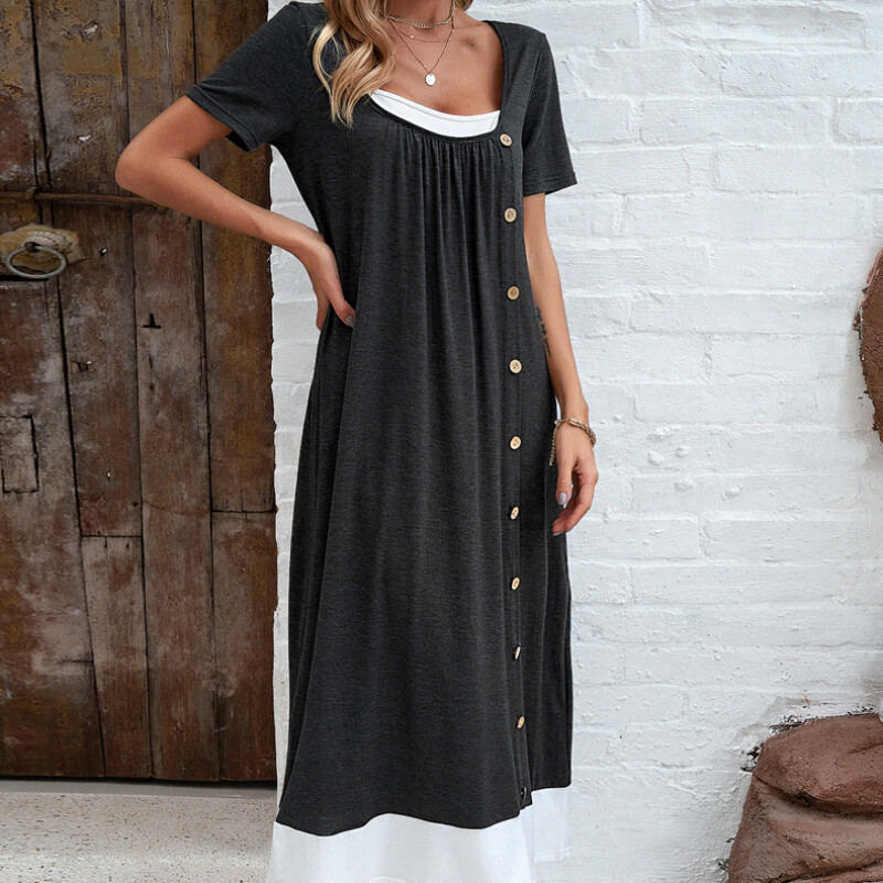 Women Scoop Neck Loose Midi Dress Short Sleeve Casual Button Side Swing New  | eBay