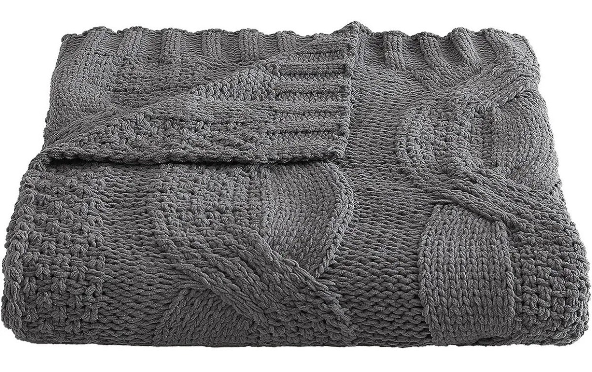 Vera Wang Large Cable Knit Charcoal Grey Throw Blanket Ultra