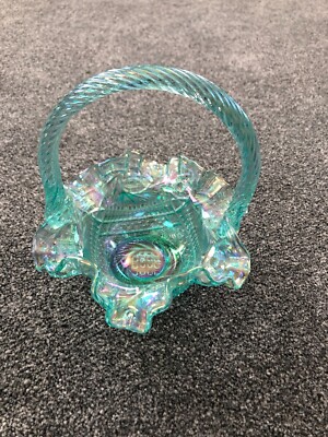 Vintage Fenton blau irisierend opalisierend Rüschen Korb mit Griff