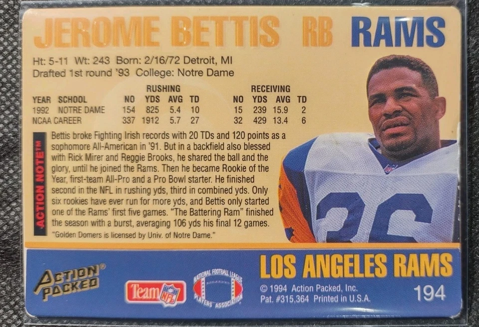 1994 Action Packed - Jerome Bettis #194 - Image 2 of 2