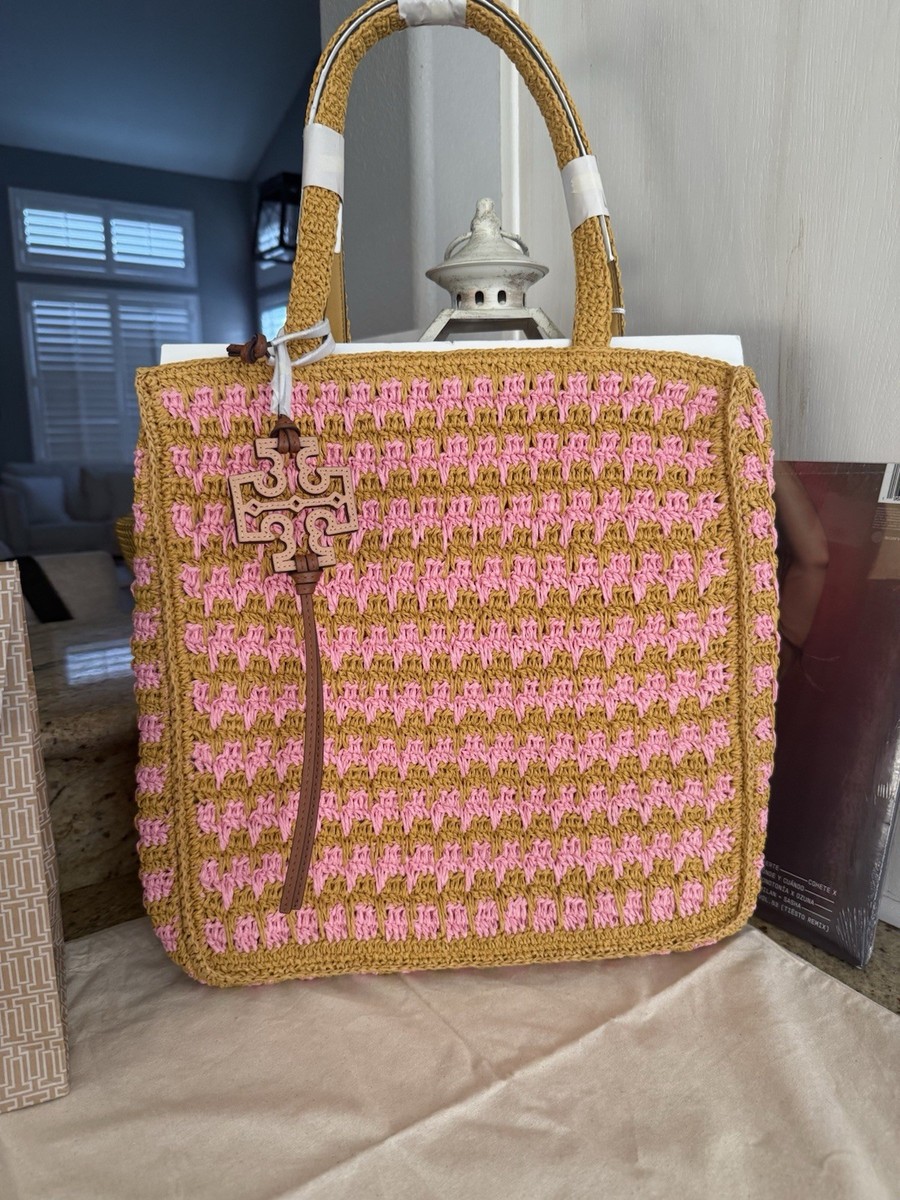 Tory Burch Straw Tote Style 165844 in Pink Carnation/Turmeric Logo
