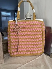 Tory Burch Straw Tote Style 165844 in Pink Carnation/Turmeric Logo Tag NWT
