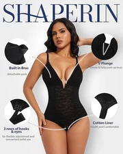 SHAPERIN Women Sexy Lace Bodysuit Shapewear Tummy Control Thong Tank Top Black M