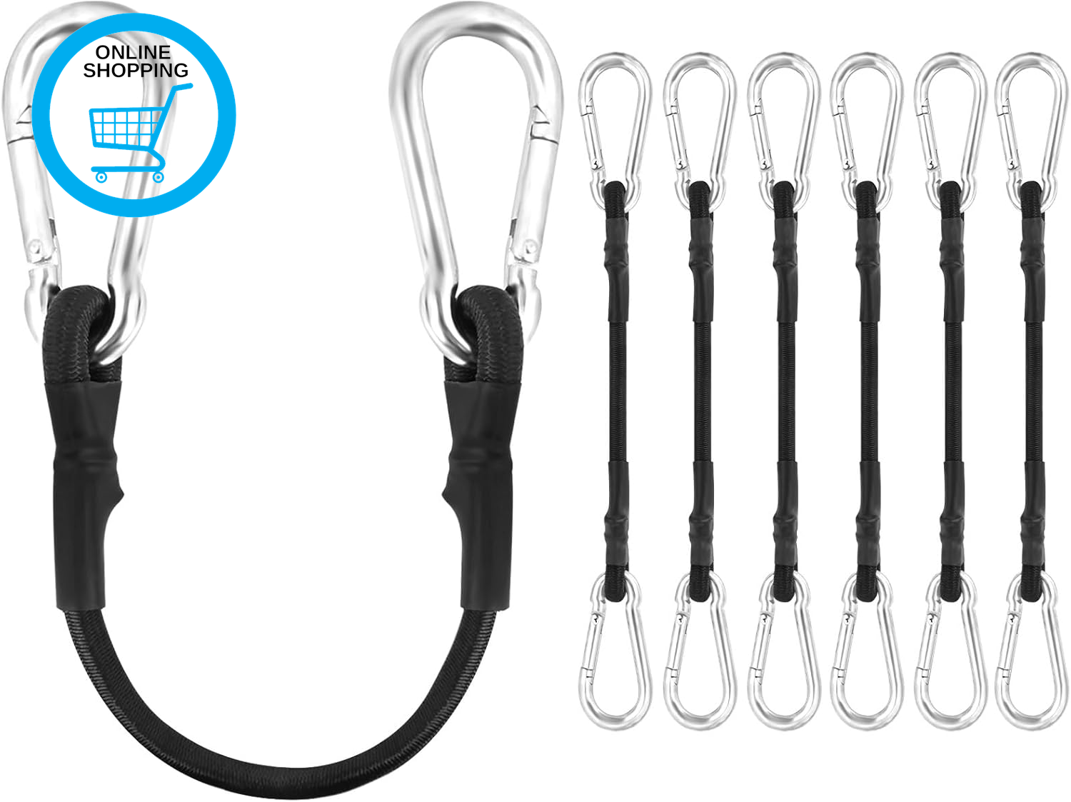 Bungee Cords with Hooks, 6Pack 10Mm*20Cm Adjustable Bungee Cords with Carabiner,