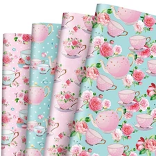 8 Sheet Tea Party Wrapping Paper -Not Roll- Watercolor Pink Floral Teapot Gif...