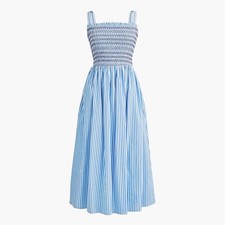 NWT J.Crew Factory Size Small Smocked Midi Dress Sail Blue White Cotton