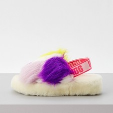UGG Fluff Yeah Multi Color Neon Faux Fur Whimsy Slide Sandal Slipper Eclectic 6
