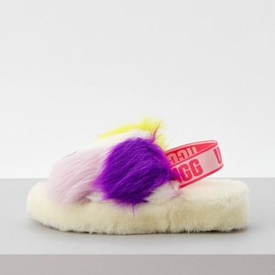 UGG Fluff Yeah Multi Color Neon Faux Fur Whimsy Slide Sandal Slipper Eclectic 6