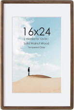 Solid Walnut 16x24 Picture Frame with Mat Glass, Rounded Corners, Hardware Inc