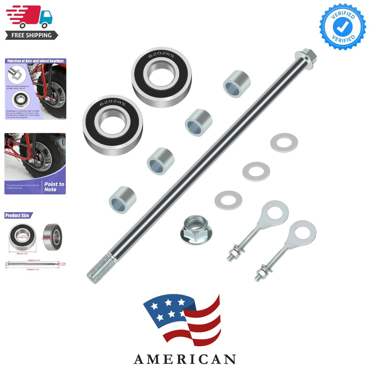 14mm 325mm Mini Bike Rear Axle + 6202RS Rear Wheel Bearing Kit