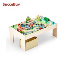 Kids Wooden Train Table Set with Storage Bin for Children Gaming Drawing Toys