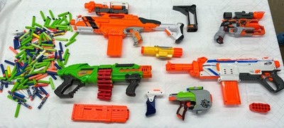 NERF Guns - Lot of 5 - with accessories and ammo and Vest - As Is