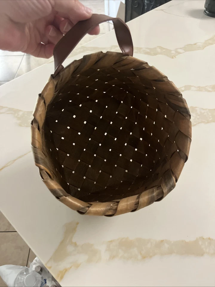 Rustic Style Wall Hanging Basket With Faux Leather Strap And Brass Hardware - Image 2 of 4