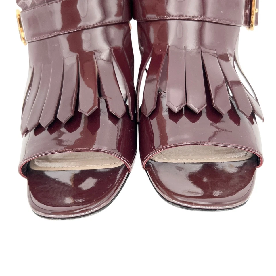 PRADA Patent Leather Fringe Trim Kiltie Buckle Sandals EU 39.5 US 9.5 Block Heel - Image 4 of 4