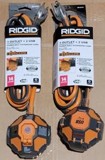 Ridgid Power Ball Lot of 2x 8' Extension Cord 3 Outlet 2 USB 14 Gauge 15 Amp 120
