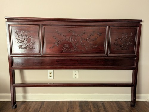 Antique Japanese Dark Red Cherry Queen Size Headboard Carved With Birds In Trees