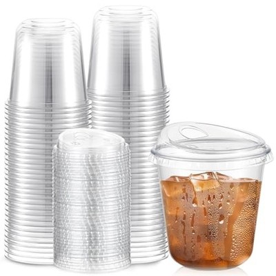 Ziliny 50 Sets Plastic Coffee Cups with Sip Lids, Clear, 10 oz