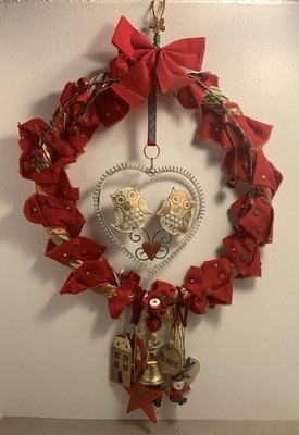 Weihnachten Erbstück Kranz Frieden Liebe Eulen Glocken Holz selbstgemacht Deko rotweißgold