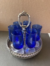 Silver Tray Tumbler 6 Lowball Cocktail Shot Glasses Cobalt Blue England