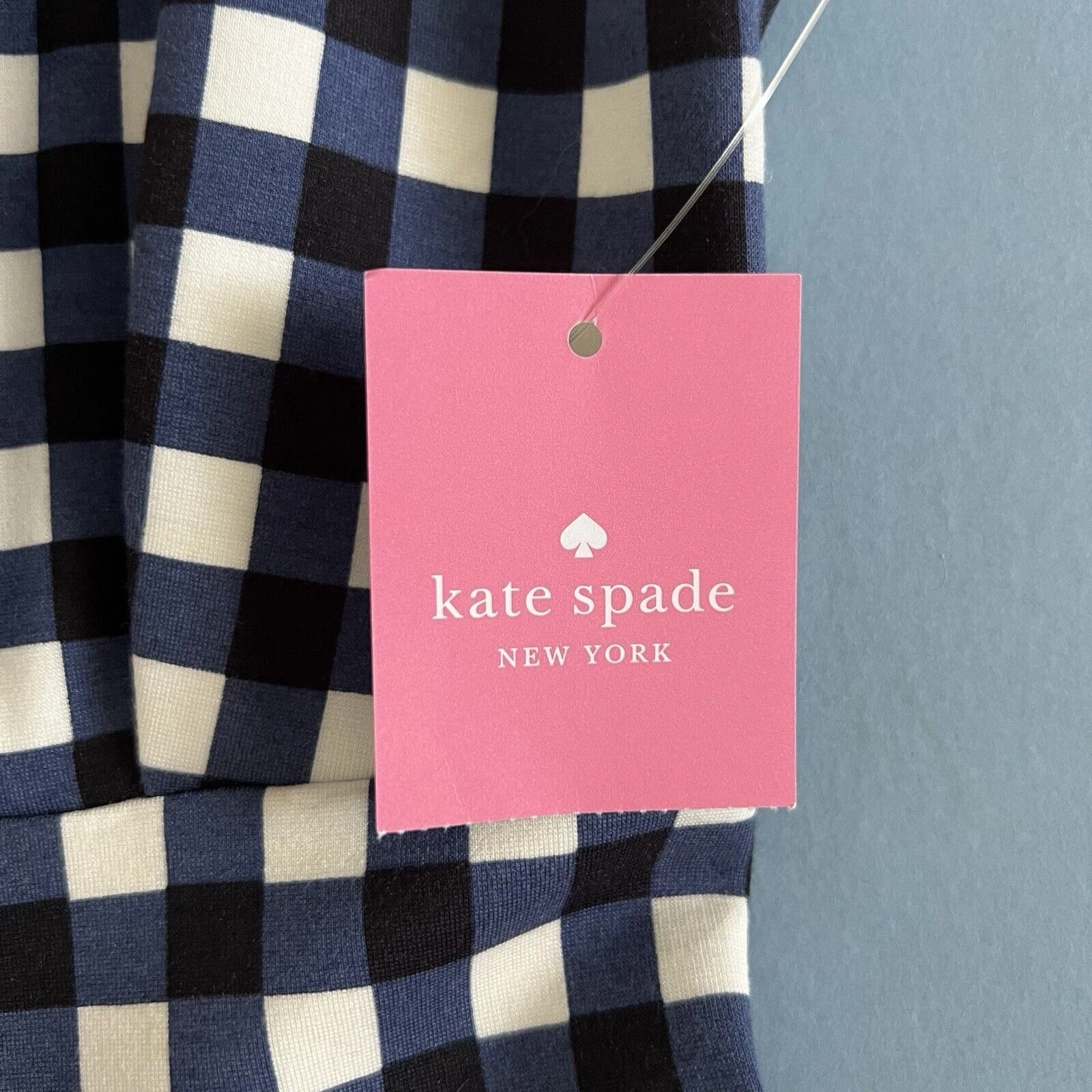 Abito Kate Spade Gingham Ponte Fiorella blu navy bianco aderente e svasato nuovo con etichette taglia S