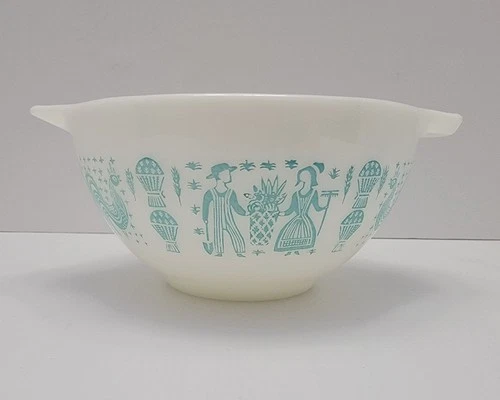 PYREX 441 Amish Butterprint Cinderella Bowl 1 1/2 Pt, Turquoise on White 6" Vtg
