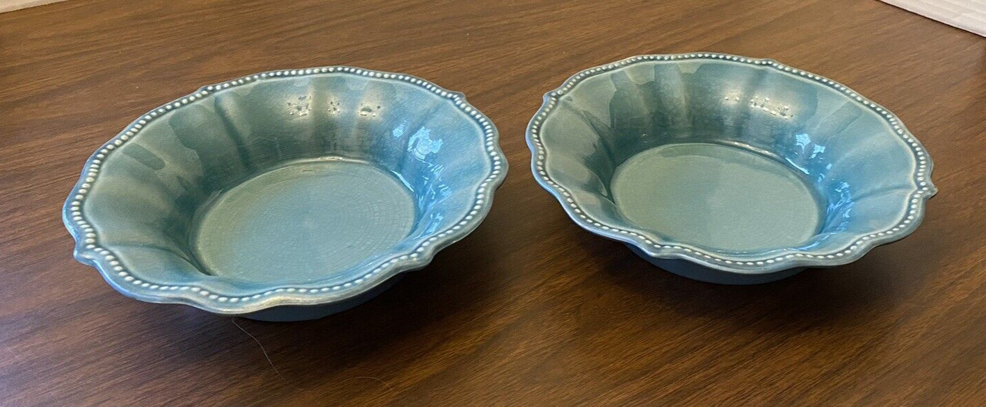 2 Pioneer Woman Turquoise 8.5” Soup/Cereal Scalloped Beaded Rim Bowls