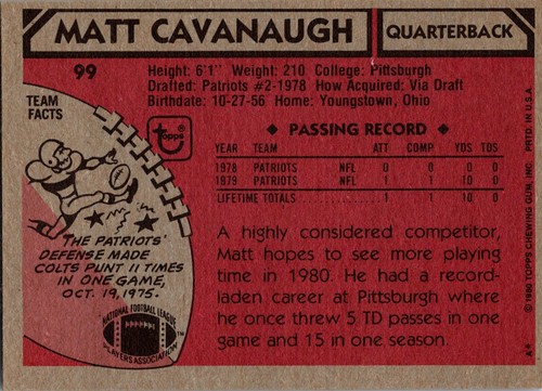 1980 Topps - #99 Matt Cavanaugh (RC) - Picture 2 of 2