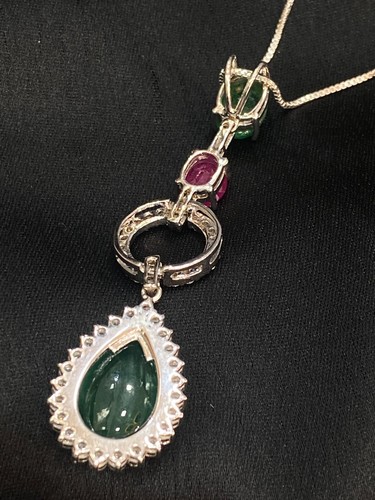 9.21 Carats Round Diamonds Zambian Emerald Burma Ruby Necklace In 18K White Gold - Picture 13 of 13