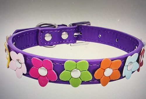 Leather Flower Power Dog Collar Purple Small Adjustable 10 - 13 Inches